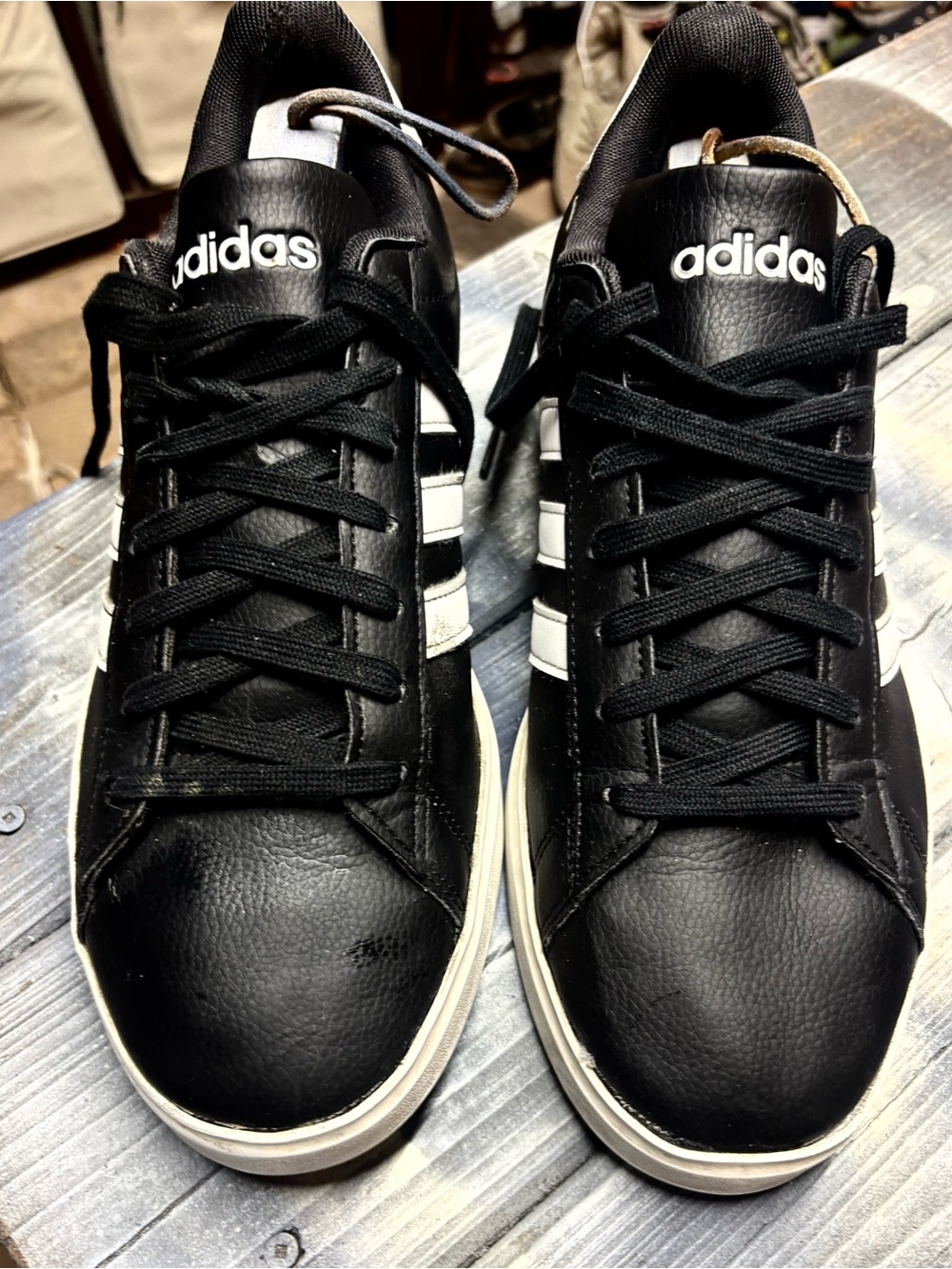 adidas Men's Black Classic Court Sneakers with White Stripes size 10